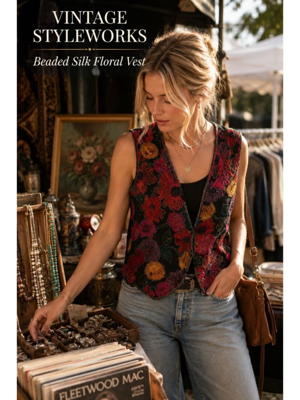 VTG 80s/90s Styleworks Silk Beaded Floral Vest M Black Boho Maximalist Artsy